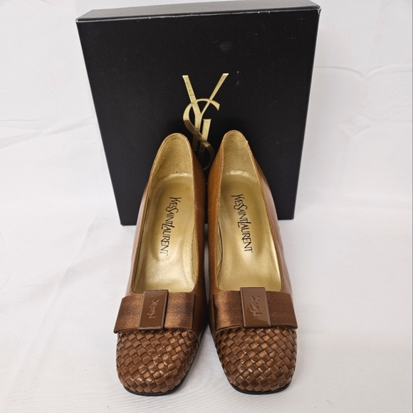 Yves Saint Laurent Woven Leather And Satin Bow Heels In Brown And Bronze Sz 6.5 - Picture 4 of 15